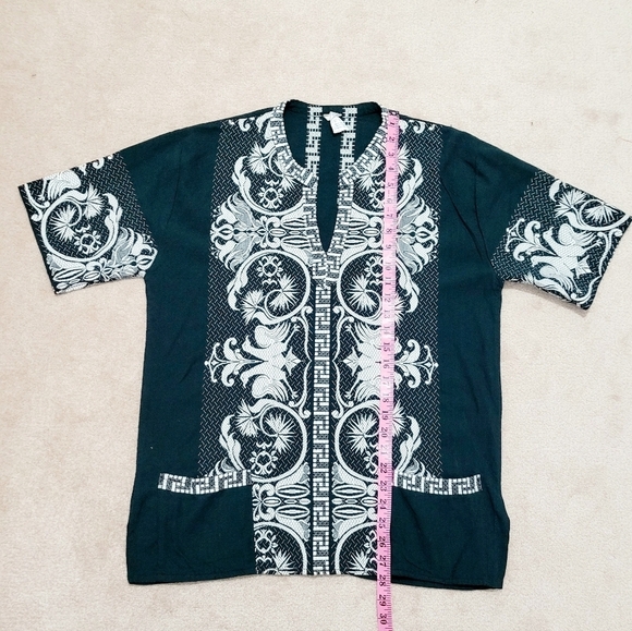 Vintage Giras Woven Embroidered UNISEX Green Pullover Greek Lounge Shirt Size L - Picture 8 of 10